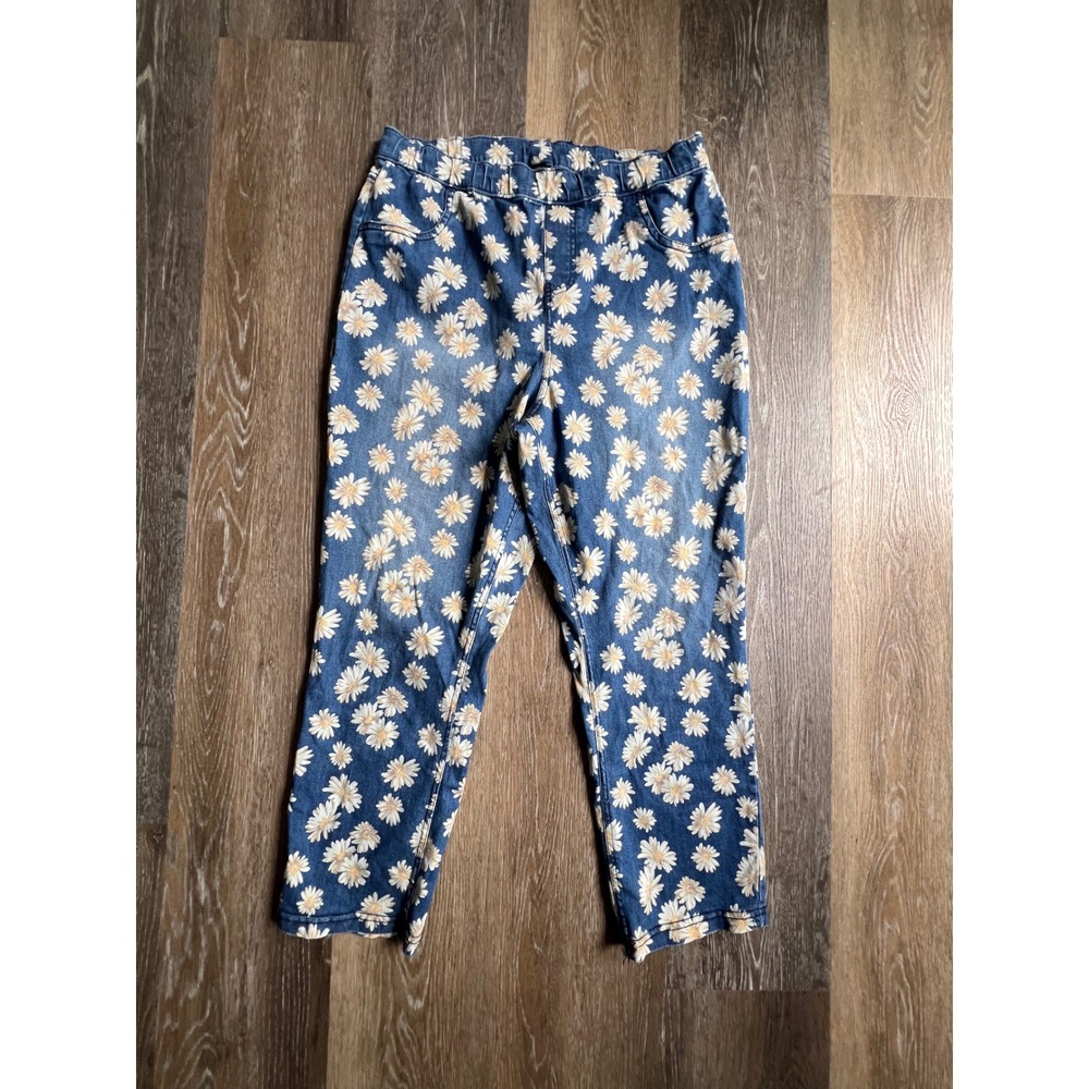 HUE Leggings Womens Large Blue Daisy Floral Print Denim Look High Rise Jeggings